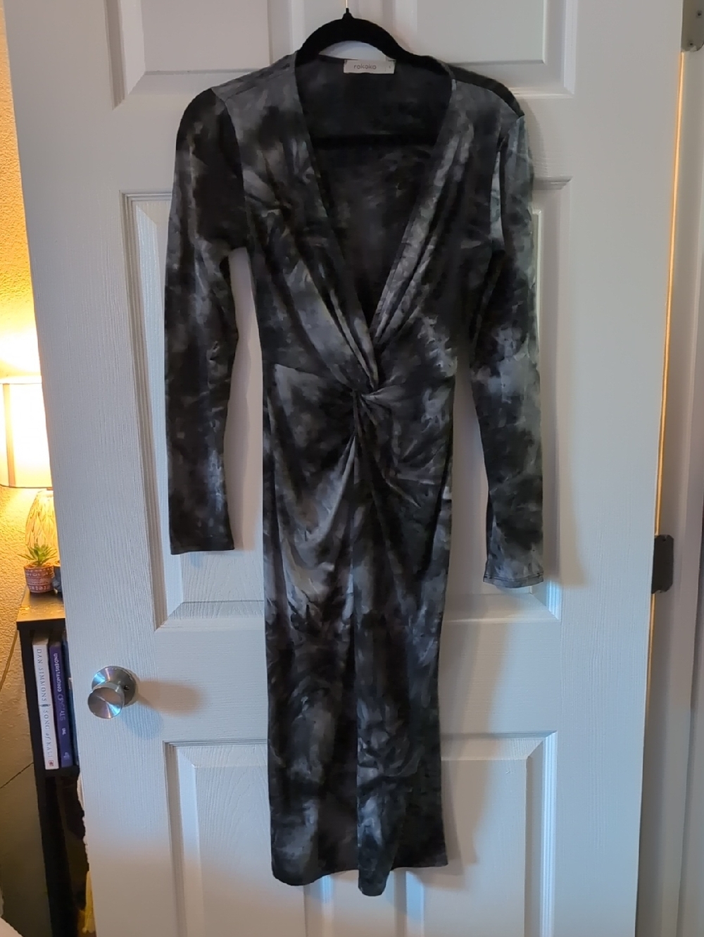 Twist-Front Long Sleeve Dress in Black & Gray Tie-Dye
